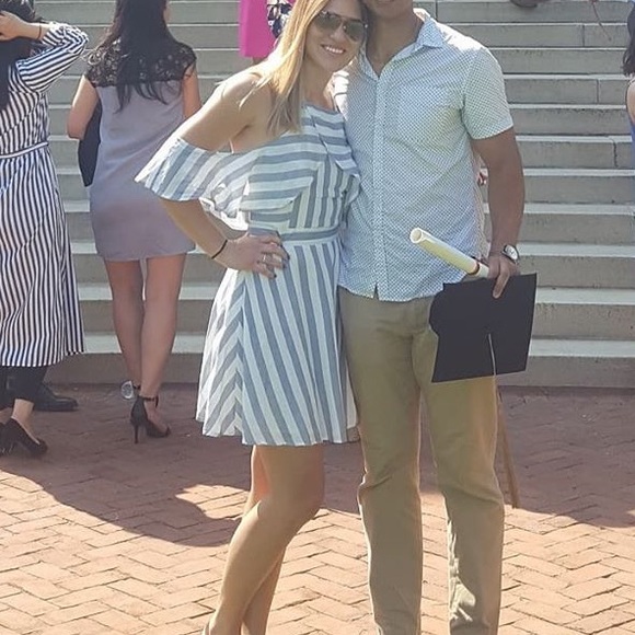 **CLOSET CLEAR OUT** BLUE AND WHITE STRIPED OFF-THE-SHOULDER DRESS - Picture 5 of 5